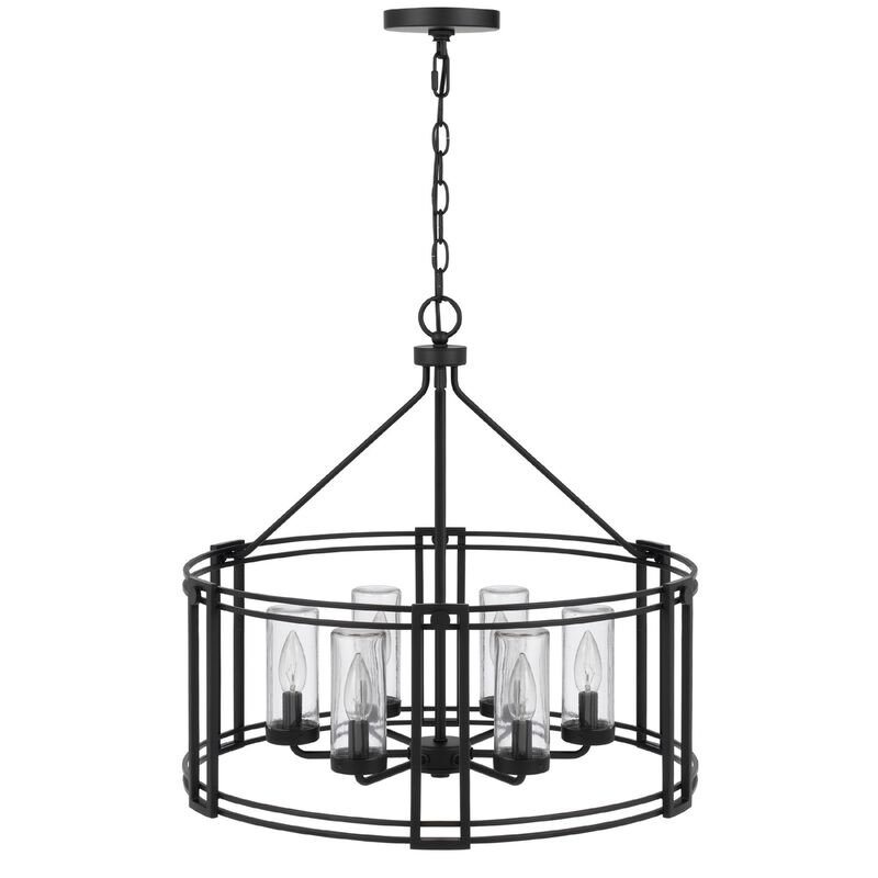 6 Light Chandelier, Caged Round Oval, Glass Shades, Black Metal 24 Inch image number 0