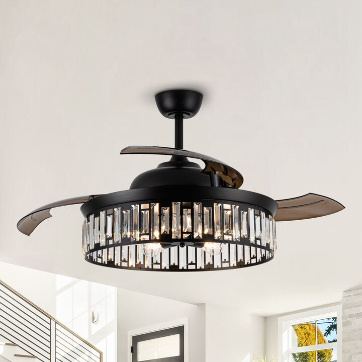 52" Black Crystal Retractable Blades Smart Ceiling Fan with Light and Remote, App Control, Voice Control