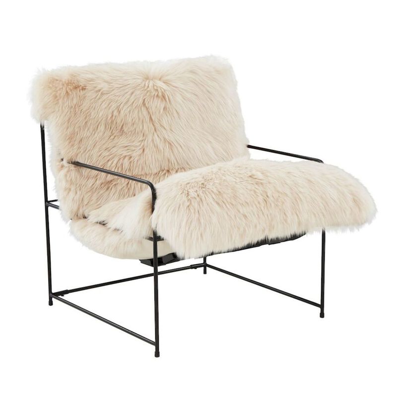 Starlight Canyon Home Beige Sheepskin Arm Chair With Black Iron Frame For Living Room Comfort