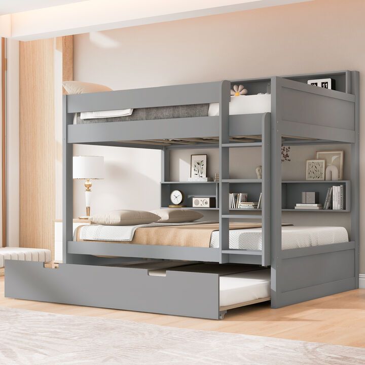 Merax Wooden Bunk Bed Series with Side Storage Shelves & Pull-out Trundle