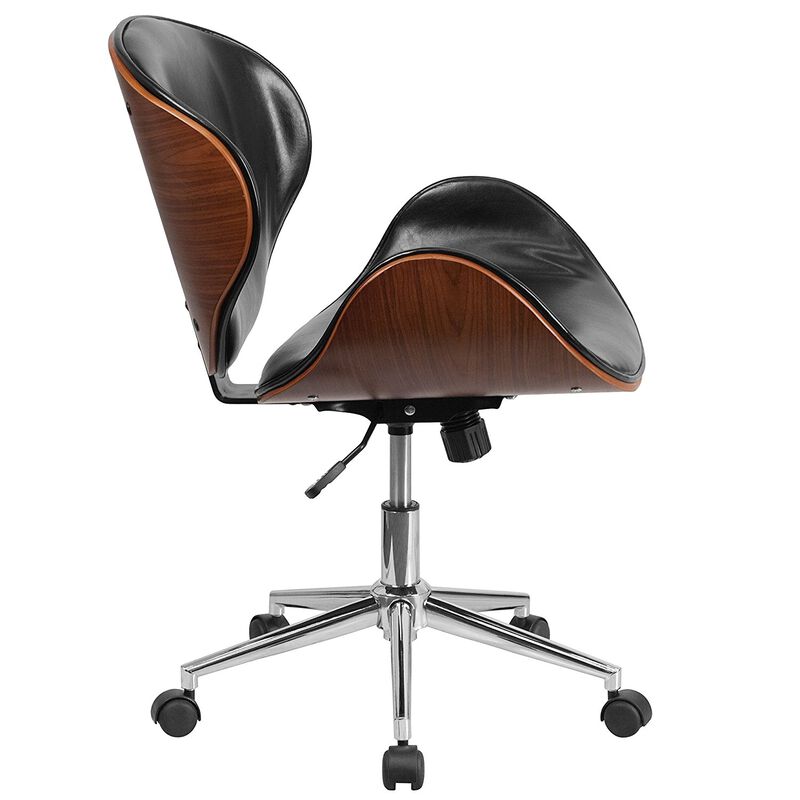 Hivvago Mid-Back Walnut / Black Faux Leather Office Chair with Curved Bentwood Seat