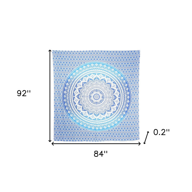 HomeRoots 92" X 84" Blue And White Mandala Cotton Hanging Tapestry image number 2
