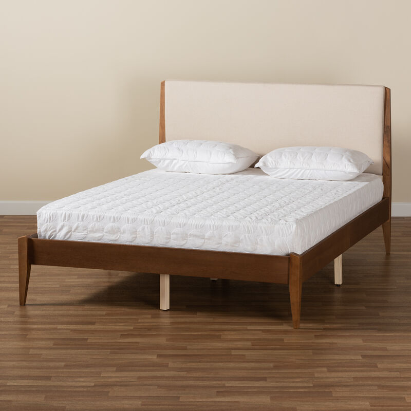 Baxton Studio Lenora Beige Fabric Upholstered And Walnut Finished Wood Full Size Platform Bed