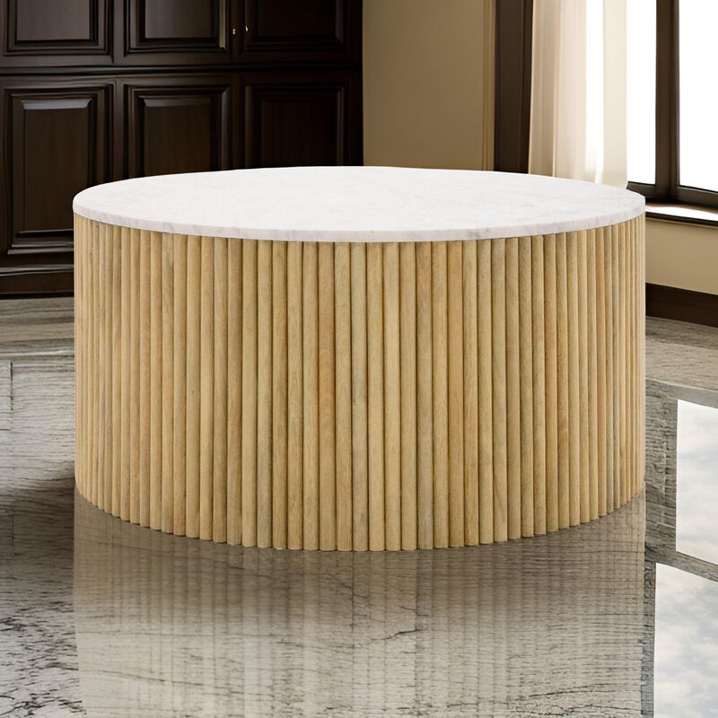Cid Jolie 32 Inch Coffee Table, White Marble Top, Brown Mango Drum Base