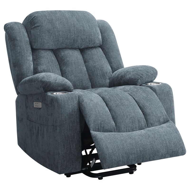 Limi Power Lift Recliner Chair, Slate Blue, USB Port, Cupholders - Benzara