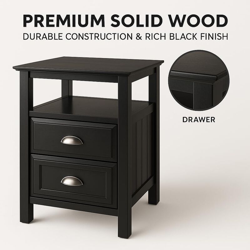 Ergode Timber Nightstand - Versatile & Stylish Bedroom Storage with Drawer & Shelf - Black Finish - Elegant Design - Easy Assembly - 20" W x 20" D x 25" H image number 3
