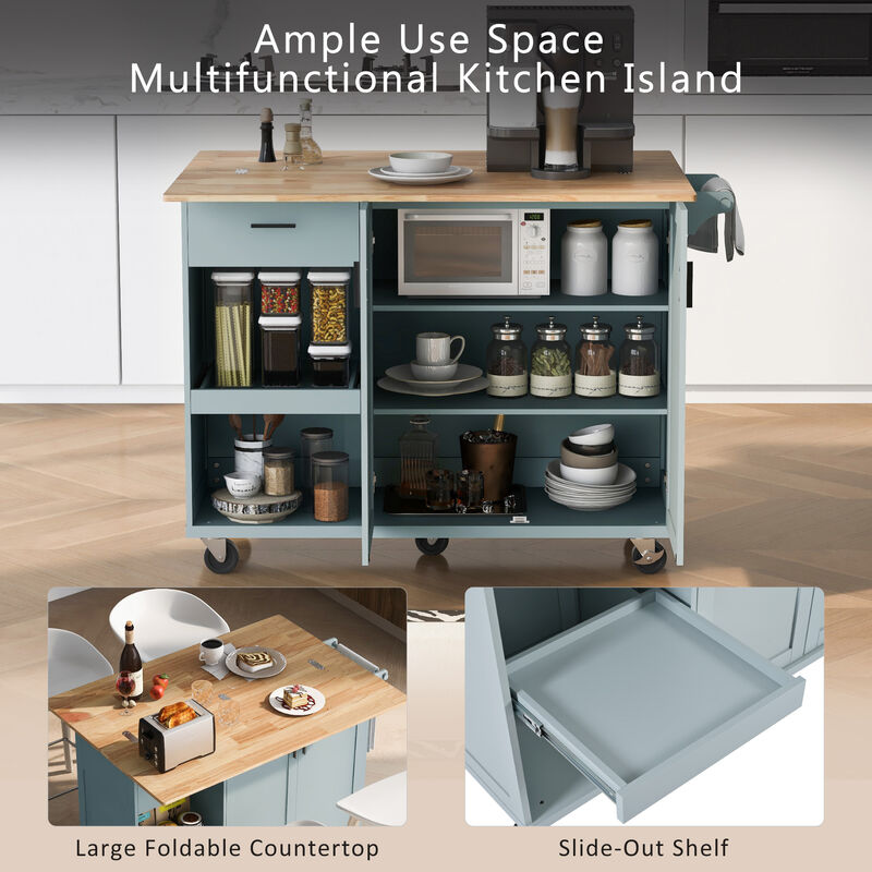 Whisen Modern Kitchen Island with Foldable Counter Top, Slide-Out Shelf, Drawer and Towel Rack - Grey Blue