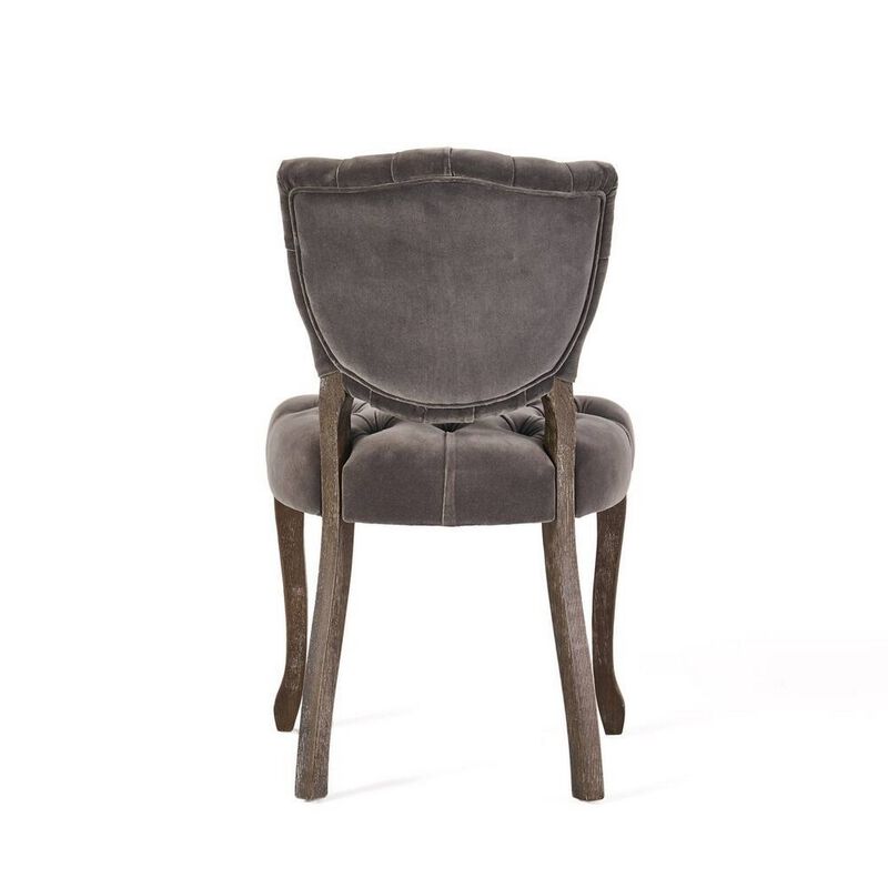 Jette Dining Chair Set of 2, Charcoal Gray Tufted Velvet, Brown Wood - Benzara