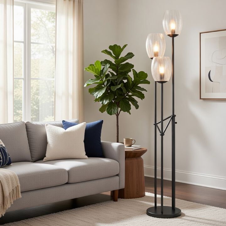 3 Light Torchiere Floor Lamp, Leaf Design Glass Shade, Black Metal 71 Inch