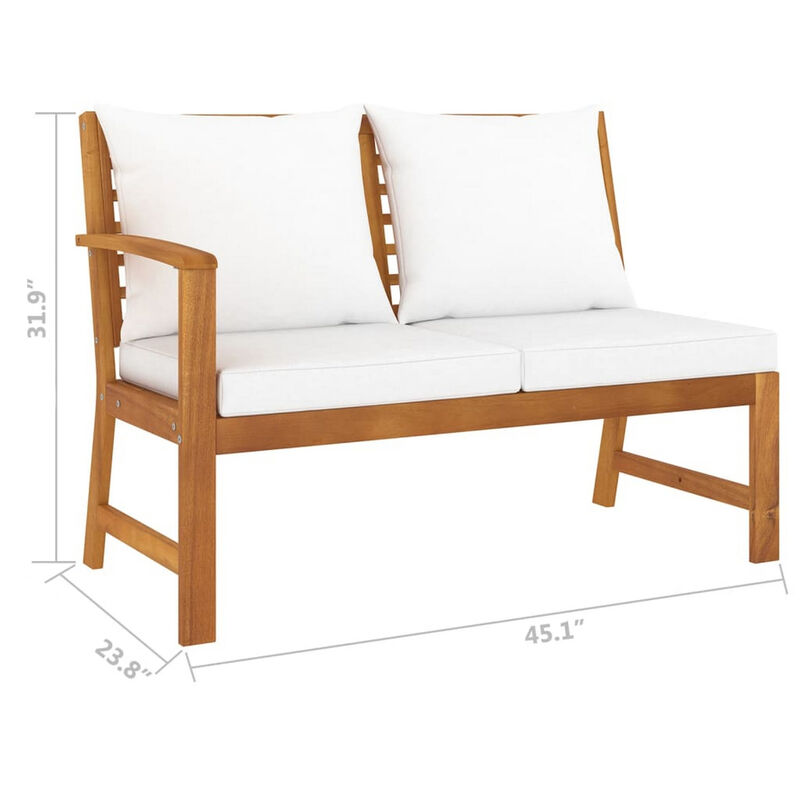 Patio Bench w White Cushions, Slatted Brown Solid Acacia Wood, 45 Inch - Benzara
