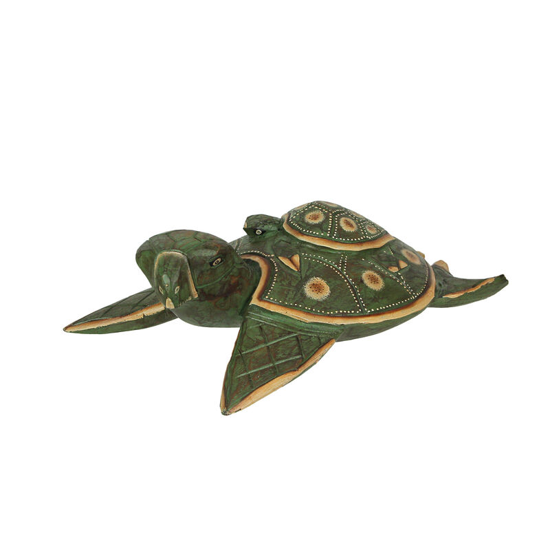 Green Finish Mother And Baby Turtle Hand Carved Wood Sculpture Home Decor Statue image number 0