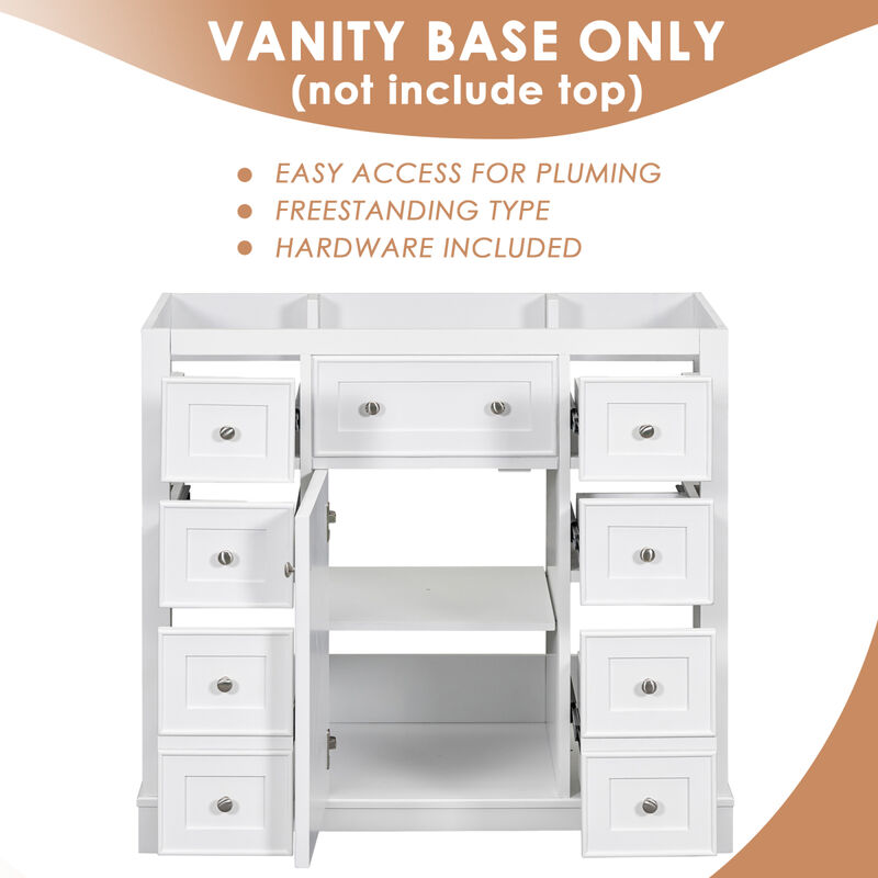 36" Bathroom Vanity without Sink, Cabinet Base Only, One Cabinet and Six Drawers, White