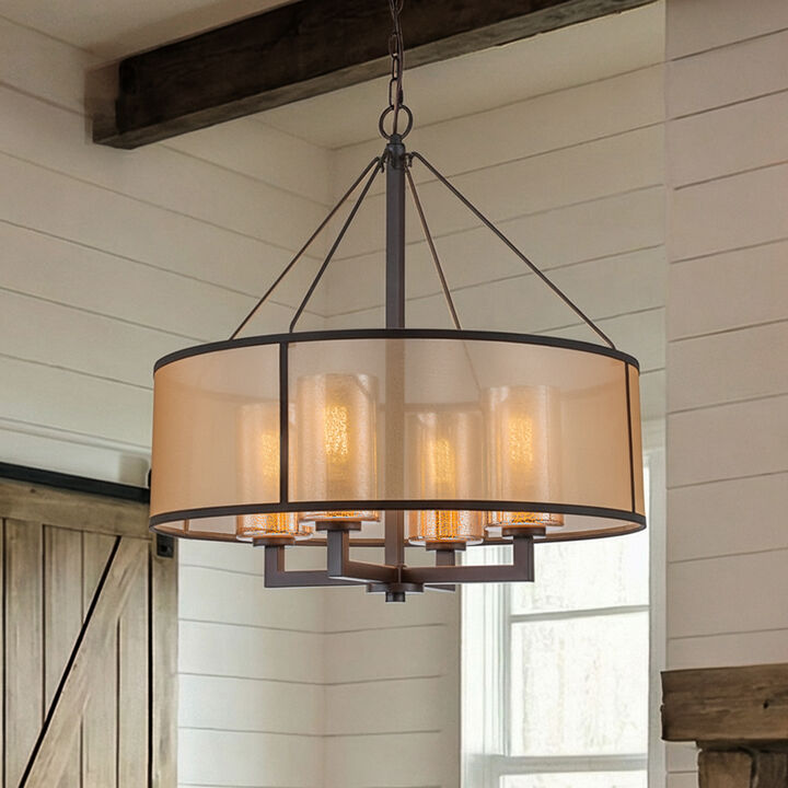 24-Inch 4-Light Oil Rubbed Bronze Transisional Chandelier with Beige Drum Shade and Mercury Glass Dimmable for Dining Room or Foyer