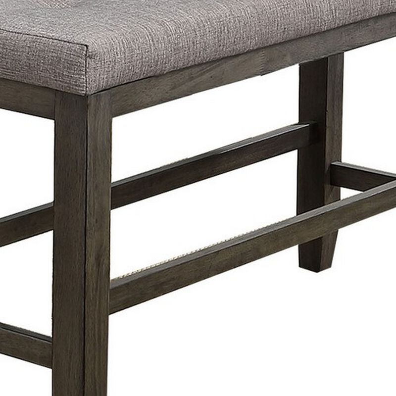 Wooden Counter Height Bench with Fabric Upholstered Seat, Brown and Gray-Benzara
