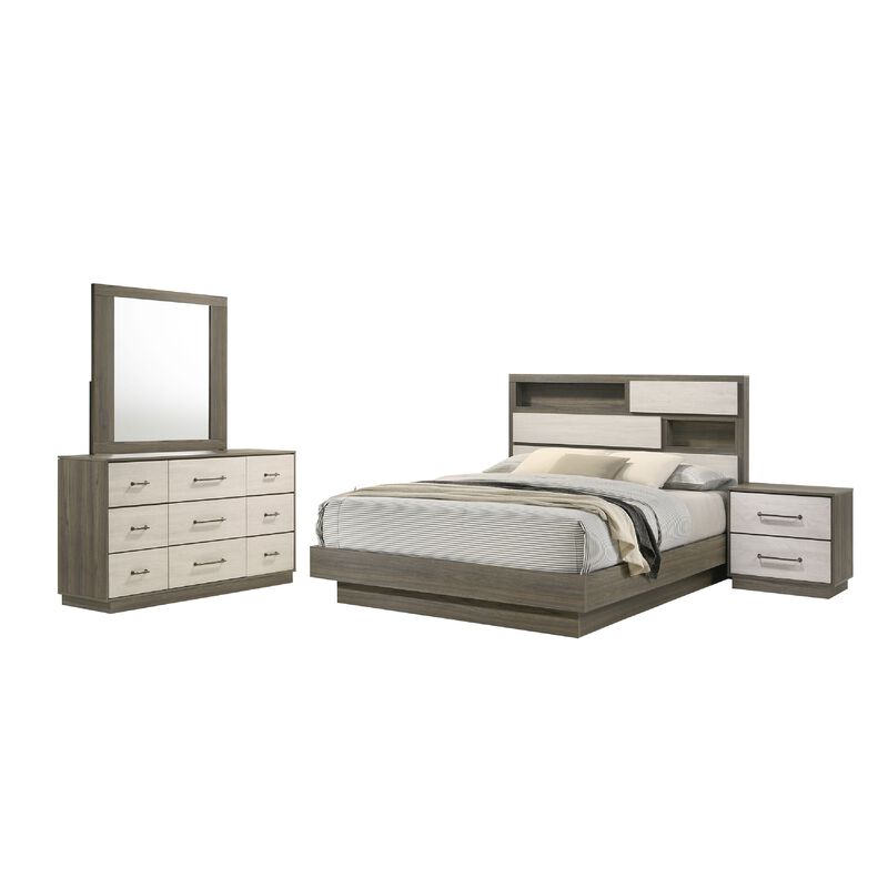 Fene 4pc Queen Bedroom Set, Gray, Brown, Built In Headboard Bookcase