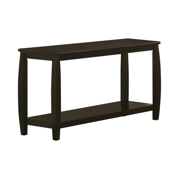Contemporary Style Solid Wood Sofa Table With Slightly Rounded Shape, Dark Brown-Benzara