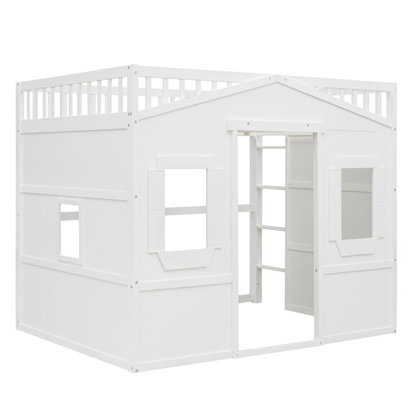 Full Size House Loft Bed With Ladder-White