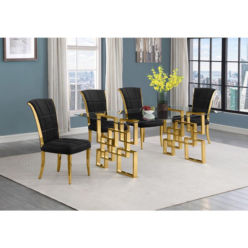 5-piece glam dining set with 4 black chairs and a 79" long glass  table image number 1