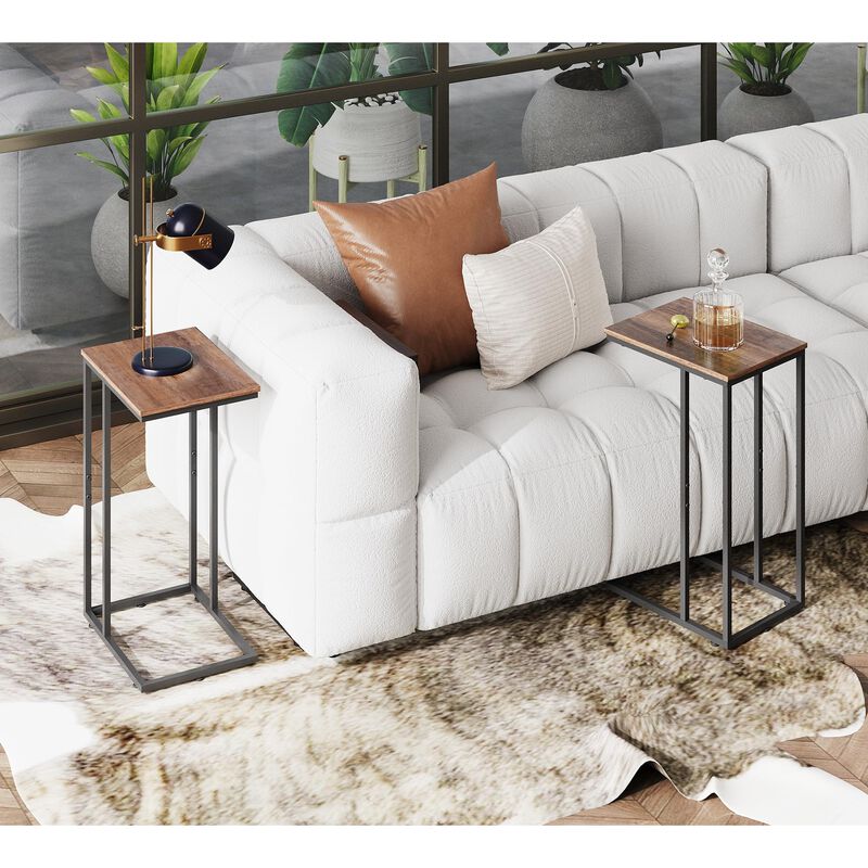 WLIVE Brown Side Table Set of 2, C Shaped End Table Sets, Small Sofa Side Tables Bedroom, Living Room, Home Office, 2-Tier Couch