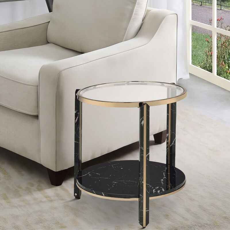 End Table with Glass Top and Faux Marble Shelf, Black and Gold-Benzara