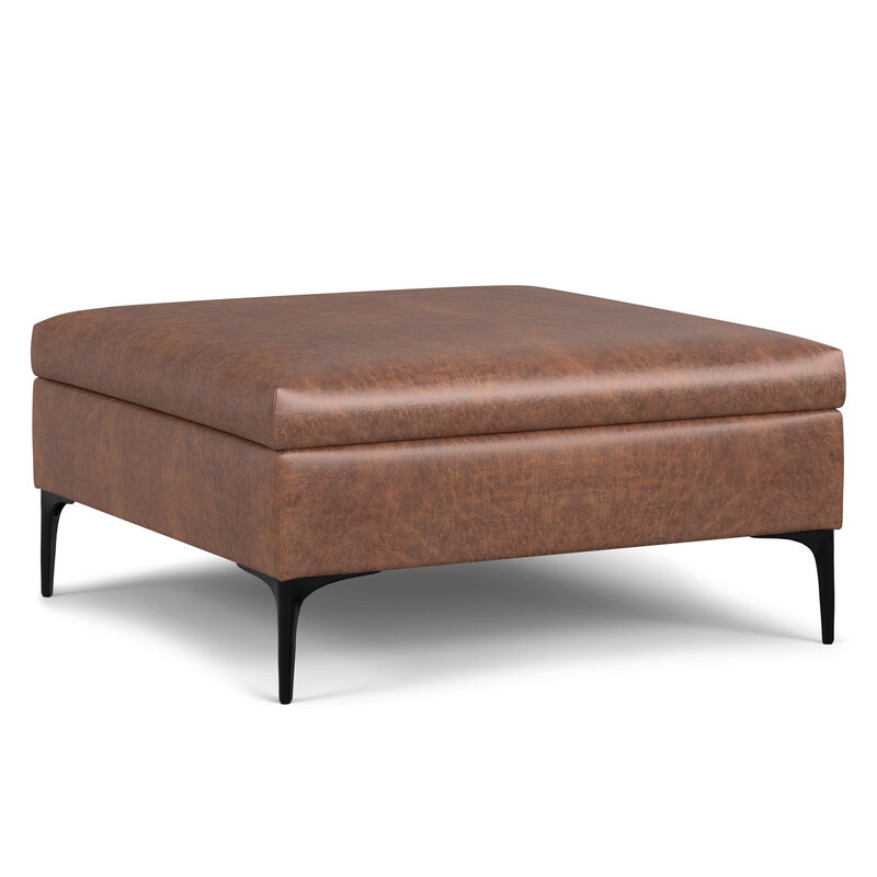 Rebecca 36 inch Wide Contemporary Square Mid Century Coffee Table Storage Ottoman with Lift Up Lid in Distressed Saddle Brown Vegan Faux Leather, Assembled