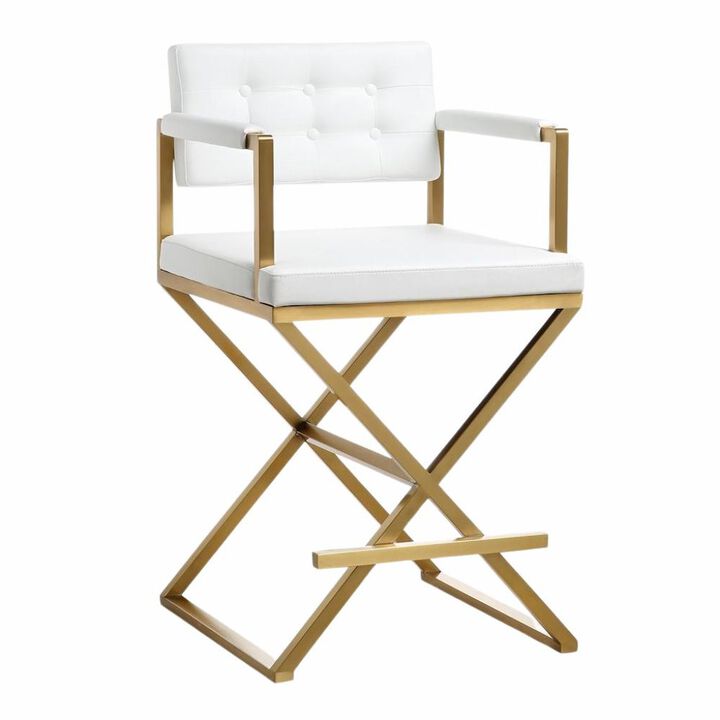 Starlight Canyon Home White Faux Leather Bar Stool With Gold Steel Frame And Back Support Arms
