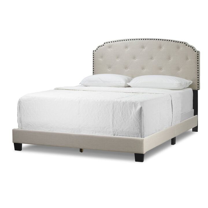 Glamour Home Arin Beige Fabric Queen Bed with Button Tufting and Black Nail Head Trim