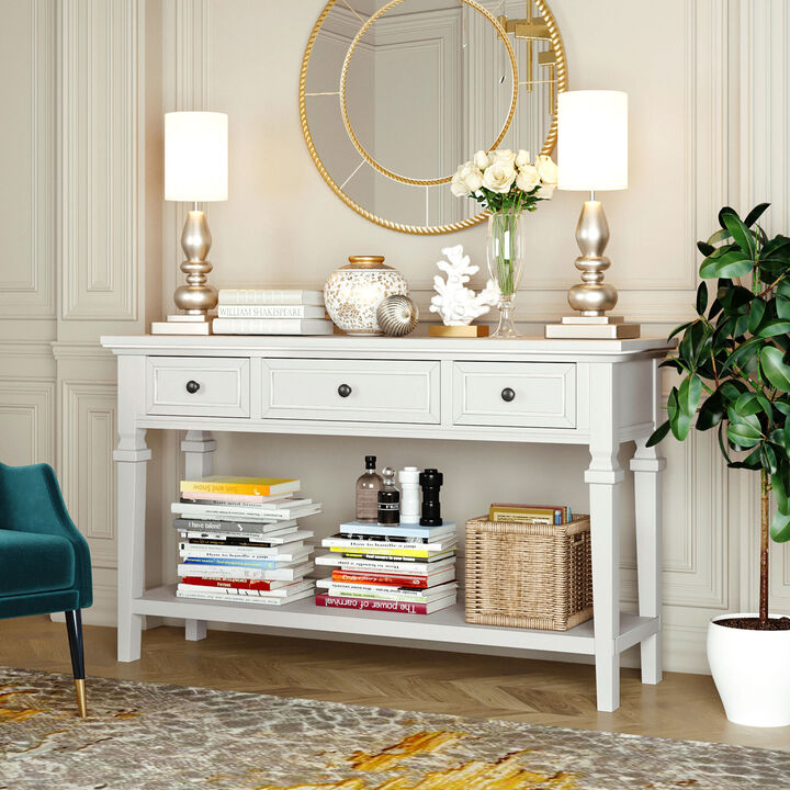 Classic Retro Style Console Table with Three Top Drawers and Open Style Bottom Shelf, Easy Assembly (Antique White)