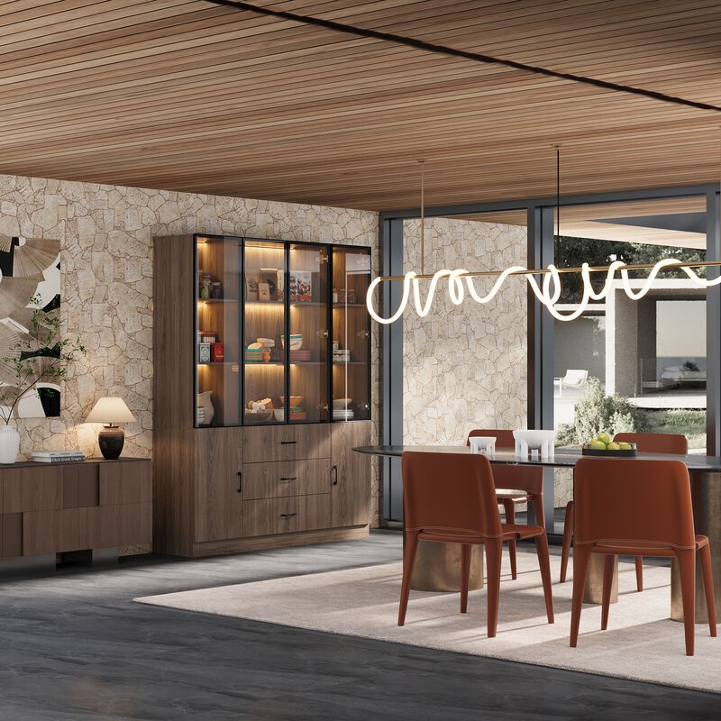 Brown Wood 63 in. W Display Cabinet With Pop up Tempered Glass Doors, 3-Color LED Lights, Drawers, Adjustable Shelves