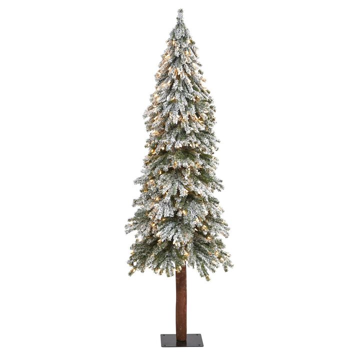 Nearly Natural 6-ft Flocked Grand Alpine Artificial Christmas Tree with 300 Clear Lights and 601 Bendable Branches on Natural Trunk