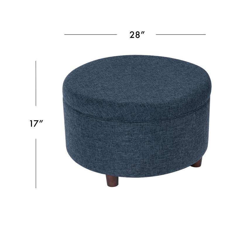 Modern Storage Ottoman, 28 Inch Round Lift Top, Navy Blue Woven Fabric - Benzara