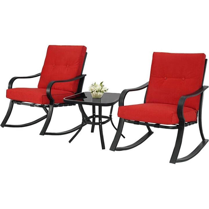 Hivvago Outdoor 3-Piece Patio Furniture Rocking Chairs Table Set with Red Cushions