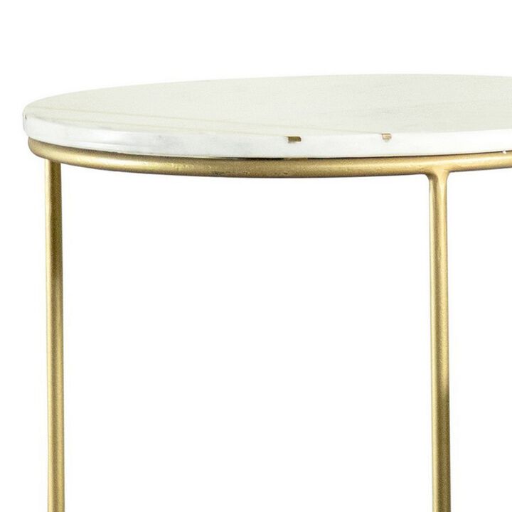 22, 17 Inch Modern 2 Piece Nesting End Table Set, White Marble Top, Gold-Benzara