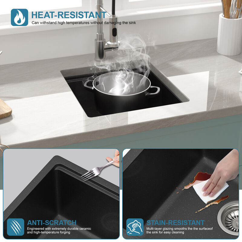 17 in. Undermount Single Bowl Workstation Black Quartz Composite Kitchen Sink Round Corner with Bottom Grid. image number 8