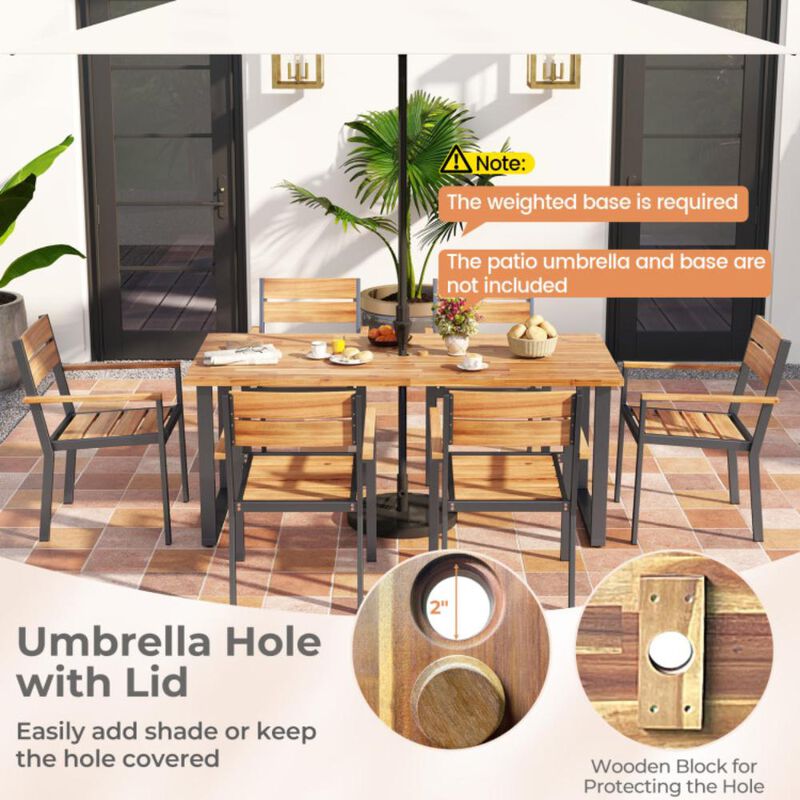 Hivvago 7 Pieces Acacia Wood Patio Dining Set with Metal Frame and 2 Inches Umbrella Hole