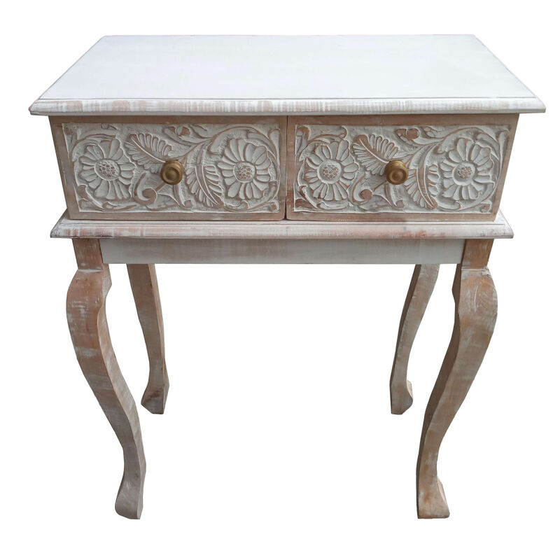 2 Drawer Mango Wood Console Table with Floral Carved Front, Brown and White