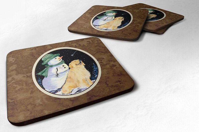 Caroline's Treasures SS8577FC Golden with Snowman in Green Hat Retriever Foam Coasters (Set of 4), 3.5 H x 3.5 W, Multicolor image number 0