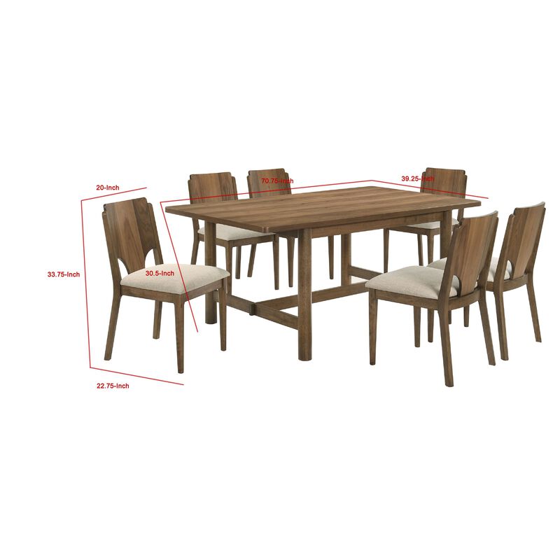 Billie 7pc Dining Table and 6 Chairs Set, Rich Walnut Brown and Beige - Benzara