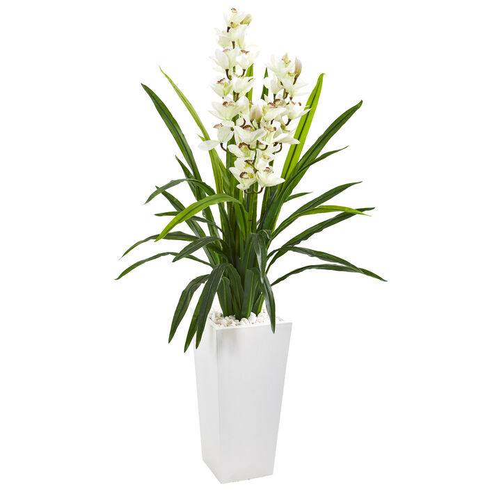 HomPlanti 4.5" Cymbidium Orchid Artificial Plant in White Tower Planter
