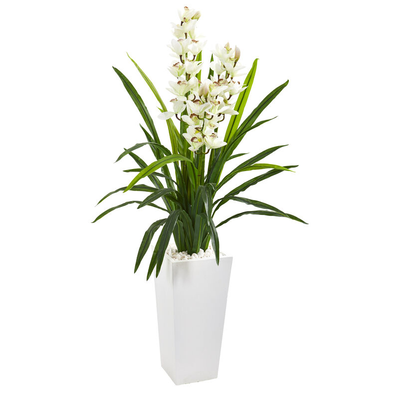 Hivvago 4.5" Cymbidium Orchid Artificial Plant in White Tower Planter