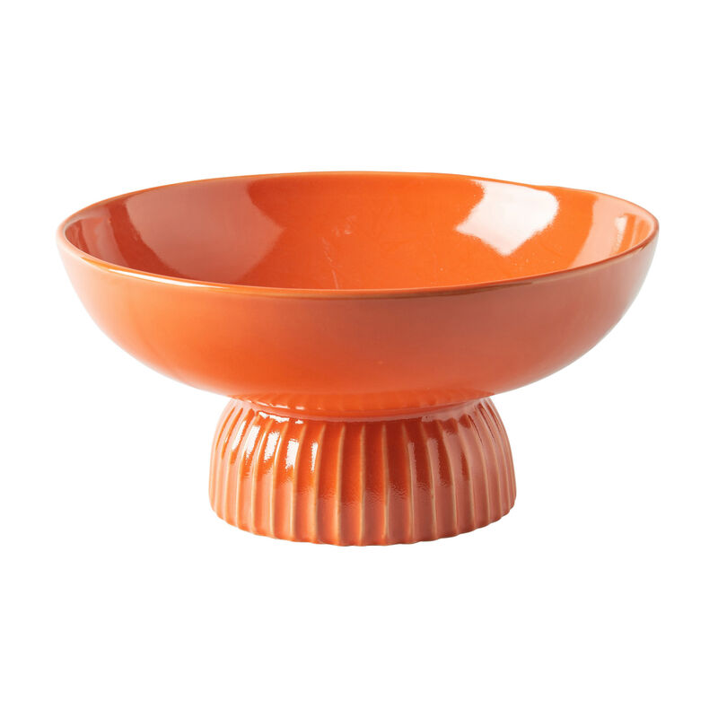 Ribbed Pedestal Fruit Bowl, Wide Basin, Glazed Orange Ceramic 11 Inch image number 2