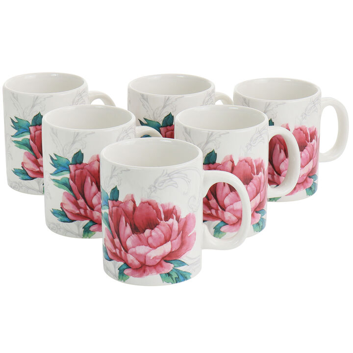 Martha Stewart 16oz Fine Ceramic Decorated Floral 6 Piece Mug Set in White and Pink