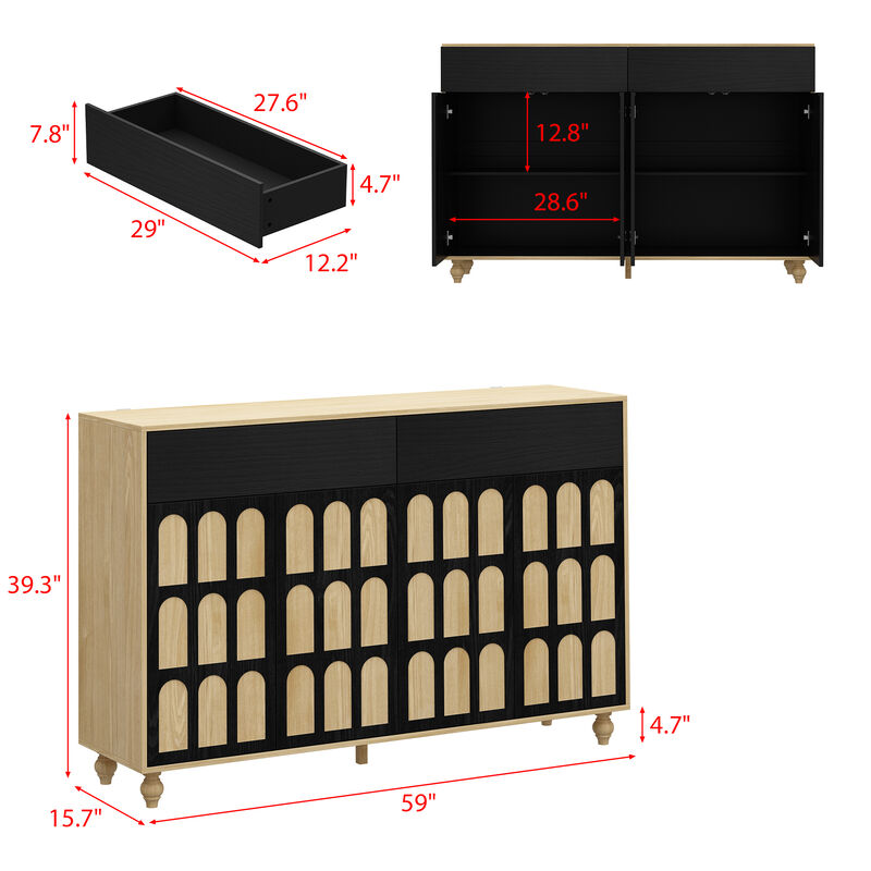 FUFU&GAGA Black and Natural Arch-Design Storage Cabinet with Dual Swing Doors (59" W x 39.3" H x 15.7" D)，Brown