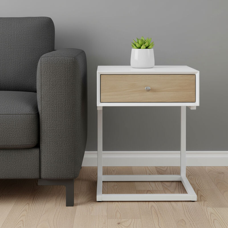 HomeRoots 25" White and Natural Wood and Steel End Table With Drawer And USB Port image number 1