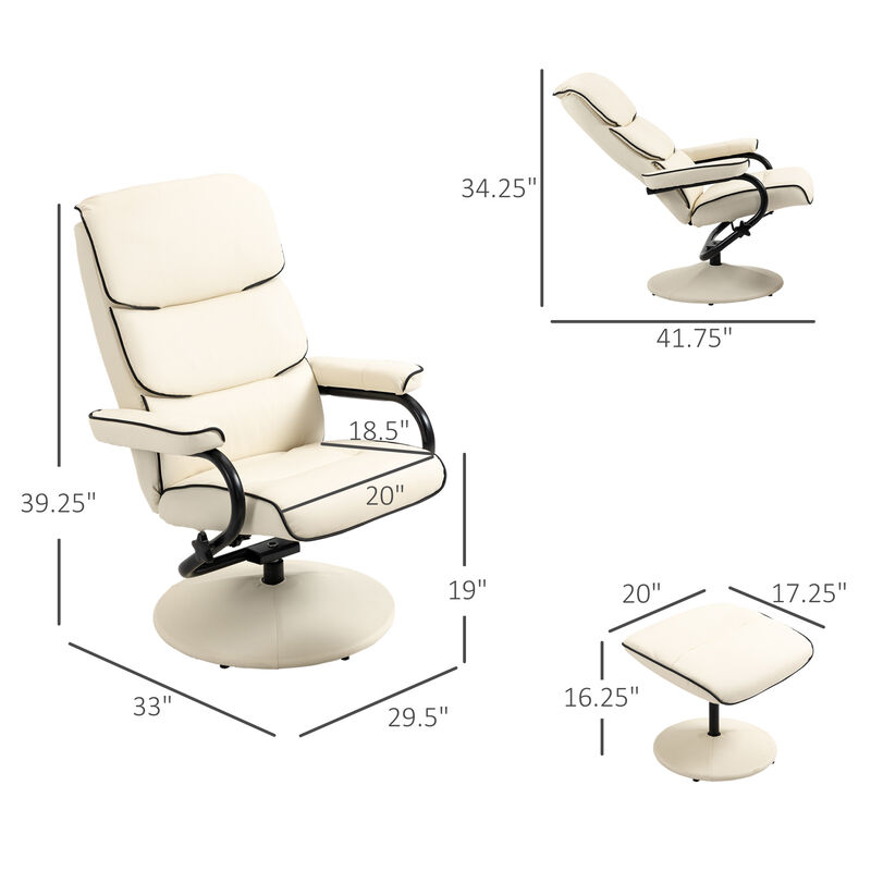 HOMCOM Recliner Chair with Ottoman, PU Leather Swivel High Back Armchair w/ Footrest, 135° Adjustable Backrest and Thick Foam Padding, Cream White