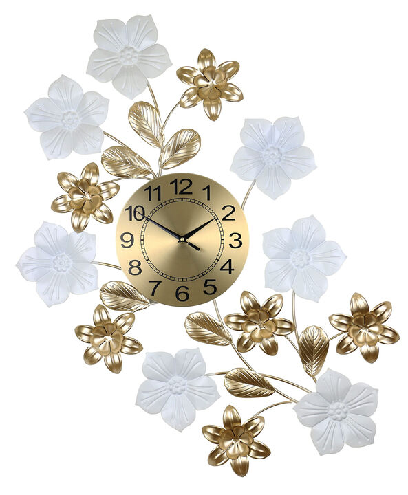 HomeRoots 26" Gold White And Black Metal Silent Analog Floral Wall Clock