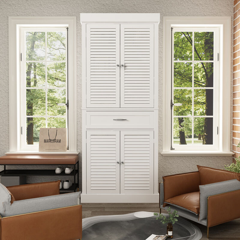 White Paint Wood Storage Cabinet With 4-Shutter Doors, Drawers and Adjustable Shelves For Office, Kitchen