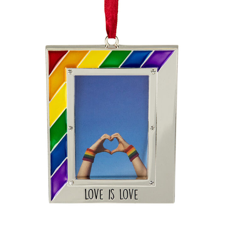 3.5" Silver-Plated Love is Love Frame Pride Christmas Ornament with European Crystals