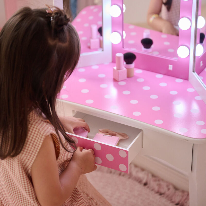 Teamson Kids Engineered Wood Vanity Set with LED Lighted Tri-Fold Acrylic Mirror, Storage Drawer & Stool, White/Pink, Fantasy Fields Gisele Polka Dot image number 8