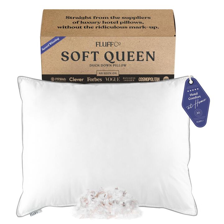 FluffCo Zen Fluff Down Standard/Queen Pillow with 600 Fill Power White Duck Down Stomach Sleeper Pillows - Luxury Hotel Quality